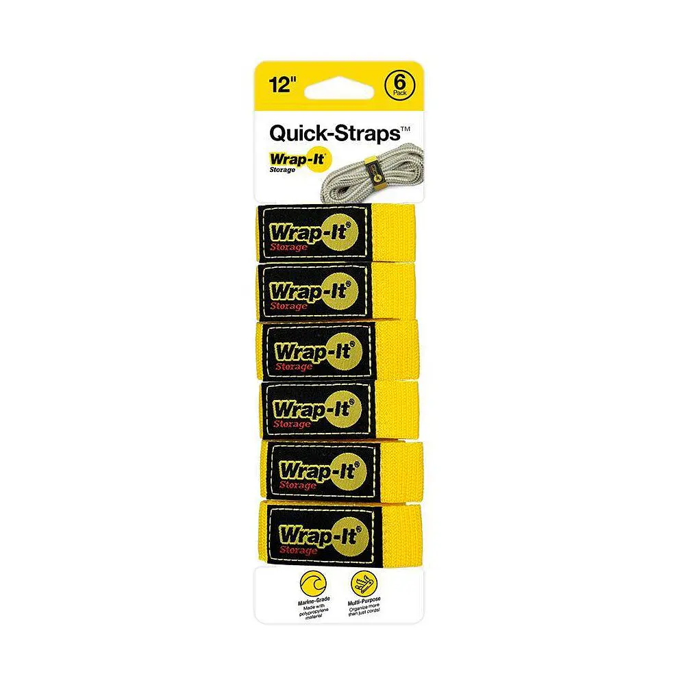 Wrap-It Quick Storage Straps 12" 6pk Yellow: Polypropylene & Nylon Cargo Tie Downs, 1" Width, Lightweight 0.02 lbs