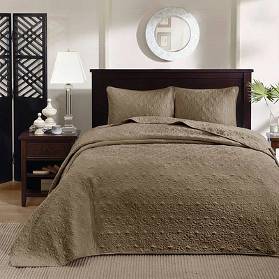 3pc Queen Vancouver Reversible Bedspread Set Mocha - Madison Park: Microfiber, Pre Washed, Traditional Style