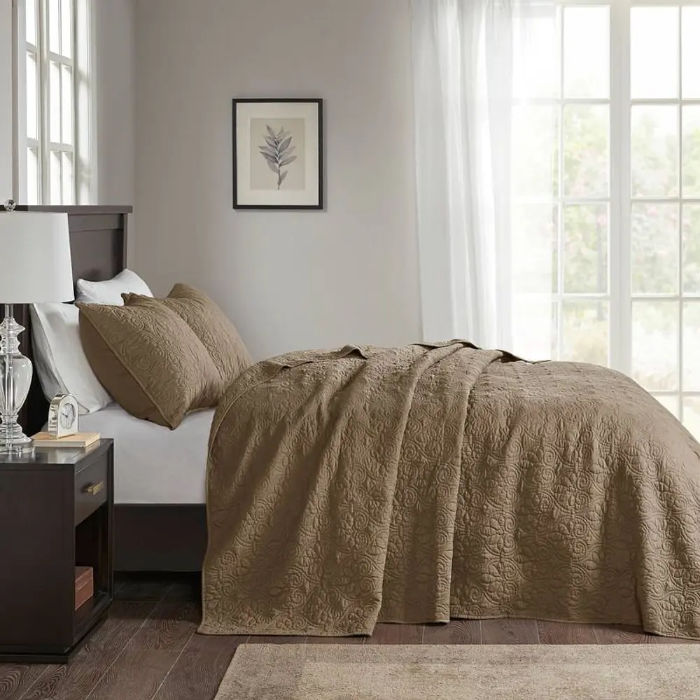 3pc Queen Vancouver Reversible Bedspread Set Mocha - Madison Park: Microfiber, Pre Washed, Traditional Style