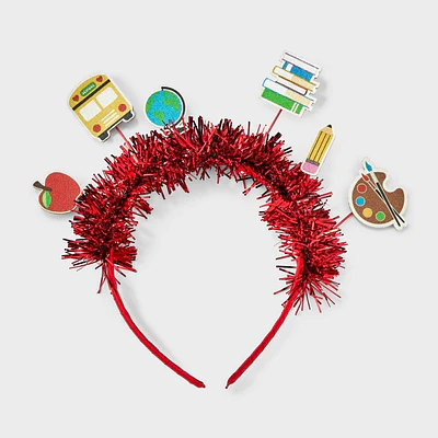 Back to School Bus Apple Pencil Icon Tinsel Headband - Red