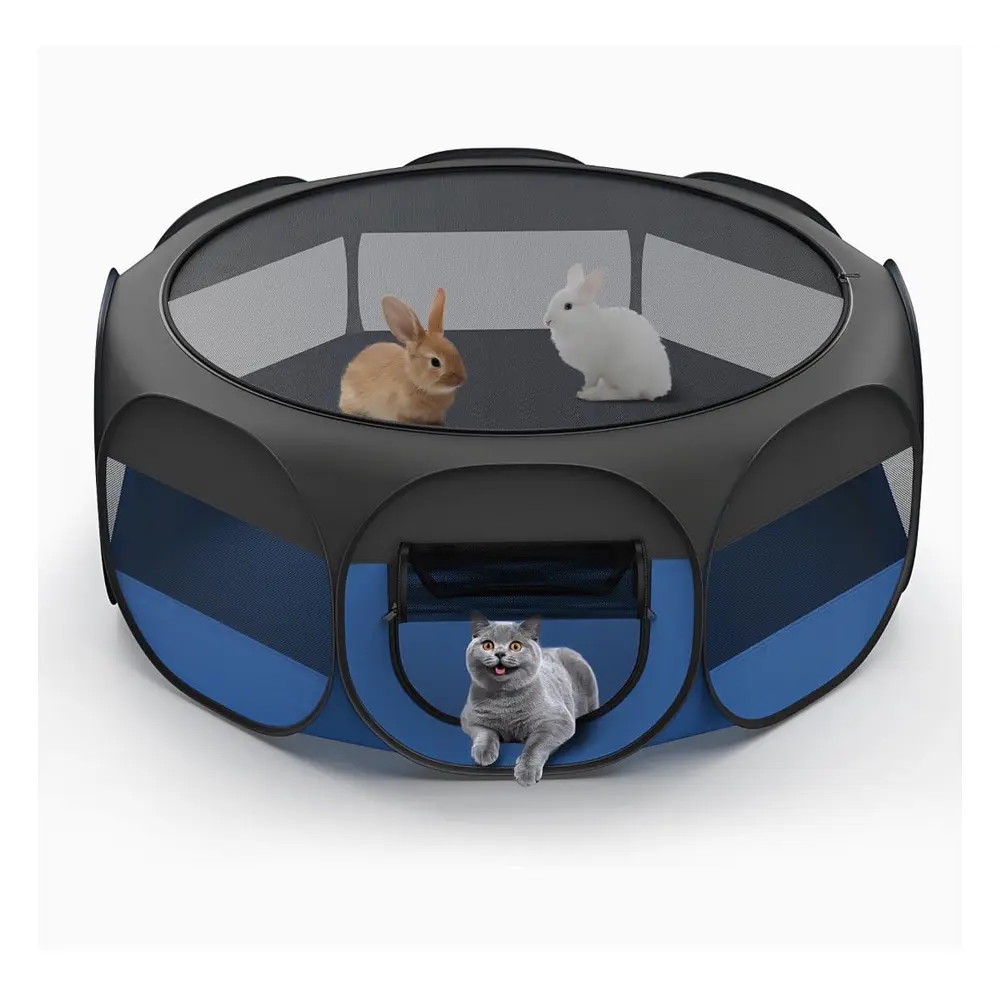 Small Animal Playpen, Portable Outdoor Exercise Pet Cage Tent, Black and Blue