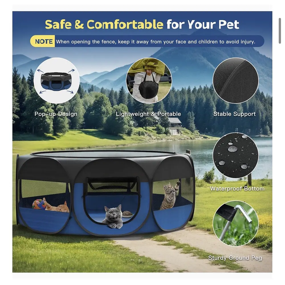 Small Animal Playpen, Portable Outdoor Exercise Pet Cage Tent, Black and Blue