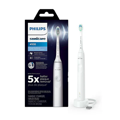 Philips Sonicare 4100 Power Toothbrush  Rechargeable Electric Toothbrush with Pressure Sensor  White (HX3681/23)