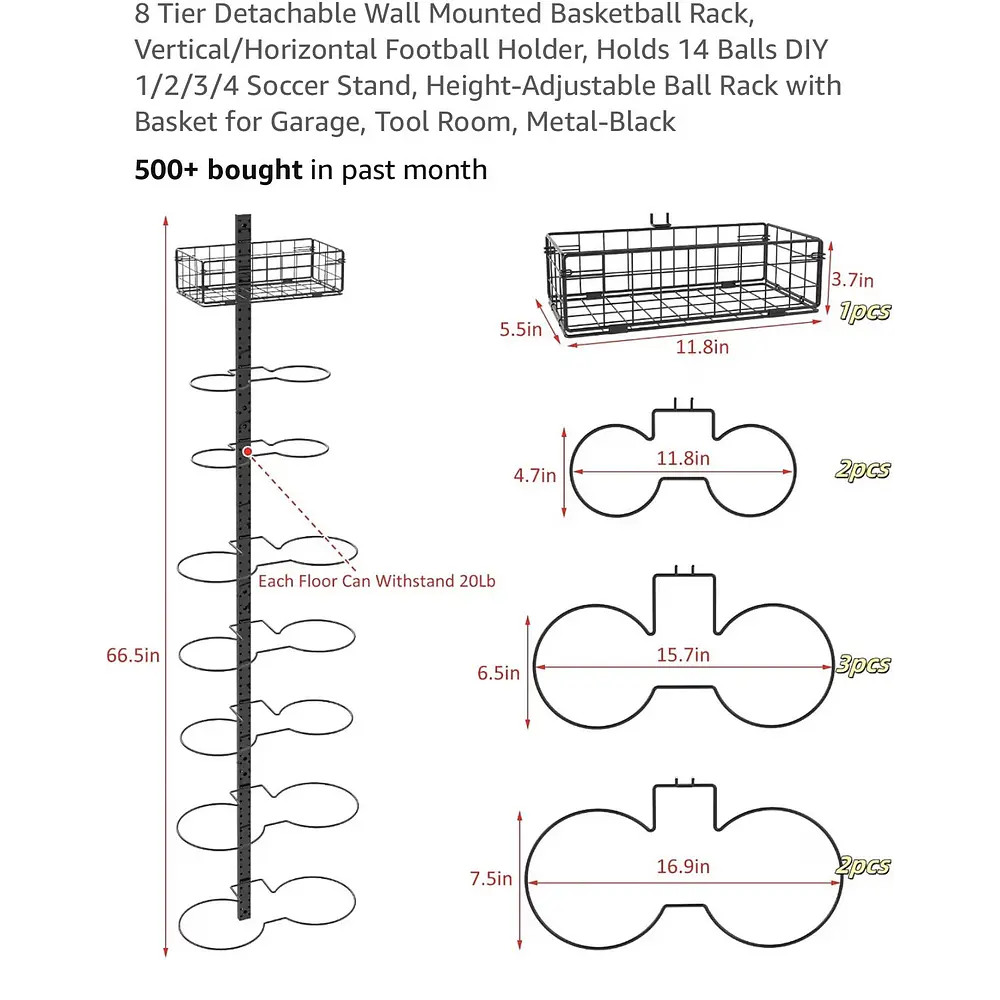 8 Tier Detachable Wall Mounted Ball Rack. Vertical/Horizontal