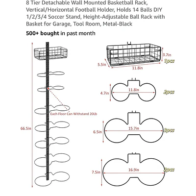 8 Tier Detachable Wall Mounted Ball Rack. Vertical/Horizontal