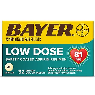Aspirin Regimen Bayer Low Dose Pain Reliever Enteric Coated Tablets  81mg  32 Count