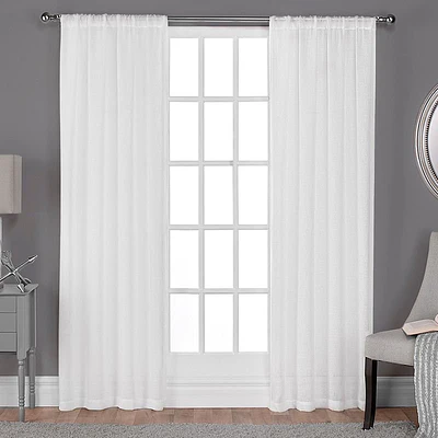Exclusive Home Curtains Belgian Textured Linen Look Jacquard Sheer Rod Pocket Curtain One Panel 50x63  Winter White