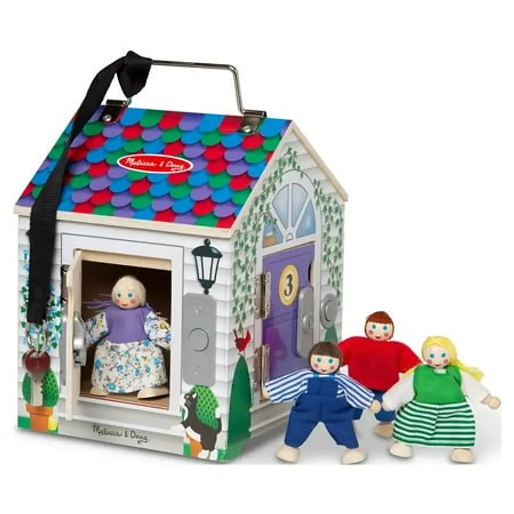 Melissa & Doug Take-Along Wooden Doorbell Dollhouse - Doorbell Sounds  Keys  4 Poseable Wooden Dolls