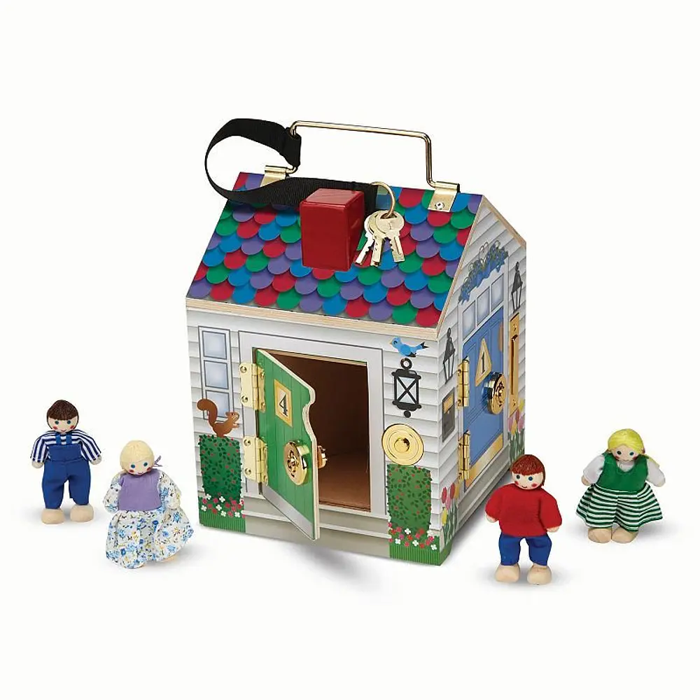 Melissa & Doug Take-Along Wooden Doorbell Dollhouse - Doorbell Sounds  Keys  4 Poseable Wooden Dolls