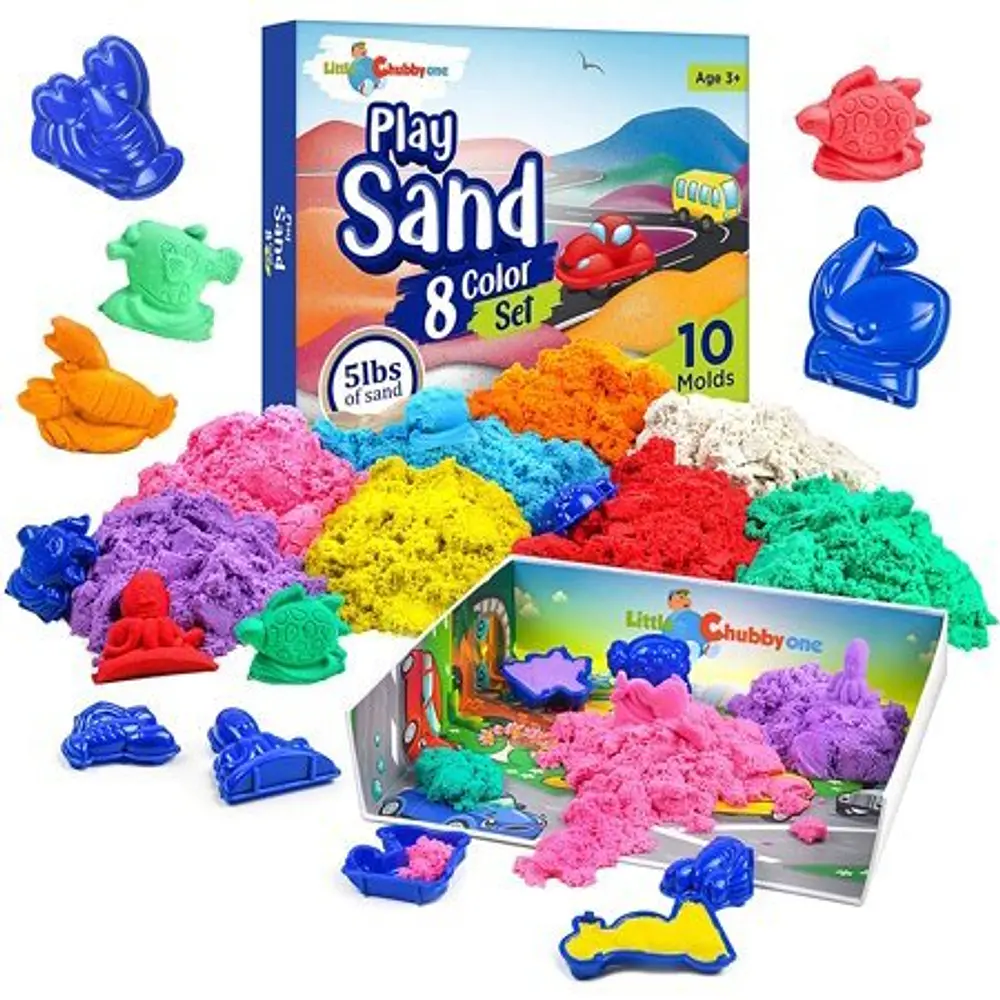 LITTLE CHUBBY ONE 8 Color Play Sand Set - 5 Lbs of Sand - Magic Sand Set - Complete Toy Set - 10 Molds and Tray Helps Develop Creativity and Motor Skills Mess Free Play for Boys and Girls