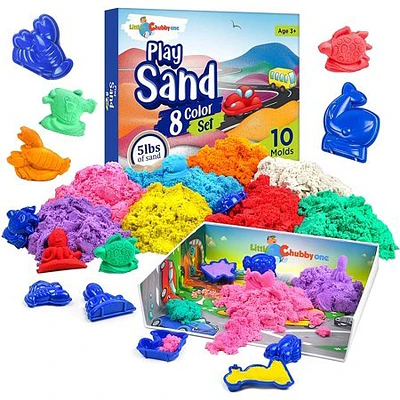 LITTLE CHUBBY ONE 8 Color Play Sand Set - 5 Lbs of Sand - Magic Sand Set - Complete Toy Set - 10 Molds and Tray Helps Develop Creativity and Motor Skills Mess Free Play for Boys and Girls