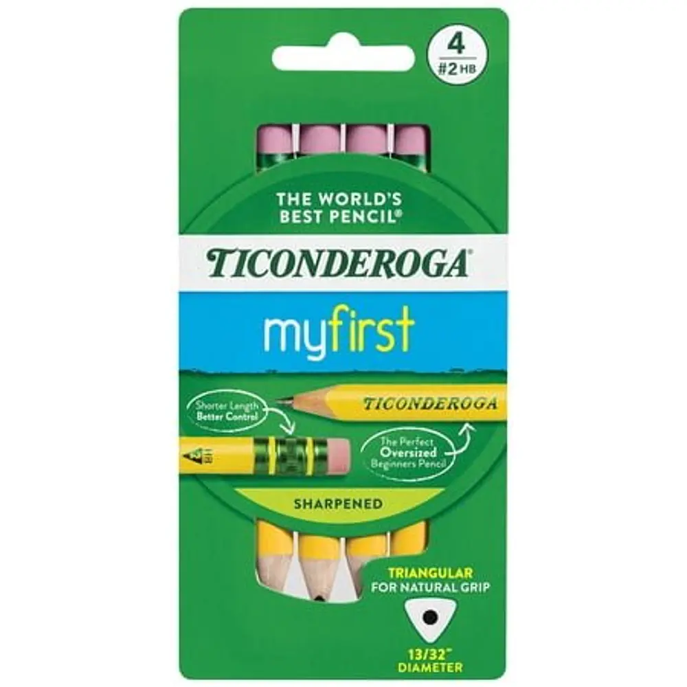 Ticonderoga My First Short Triangular Wood-Cased Pencils  2 HB Soft  With Erasers  Yellow  4 Count