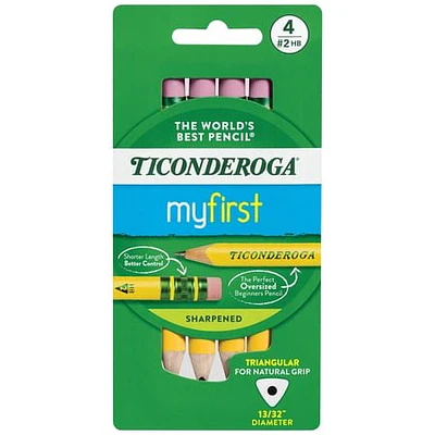 Ticonderoga My First Short Triangular Wood-Cased Pencils  2 HB Soft  With Erasers  Yellow  4 Count