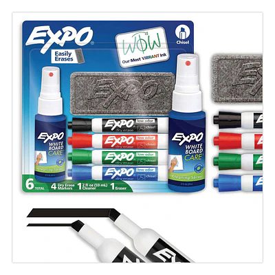 Expo 6pk Dry Erase Chisel Tip Marker Starter Set with Eraser and Cleaner Multicolored: Bold & Fine Point, Low-Odor, Whiteboard Use