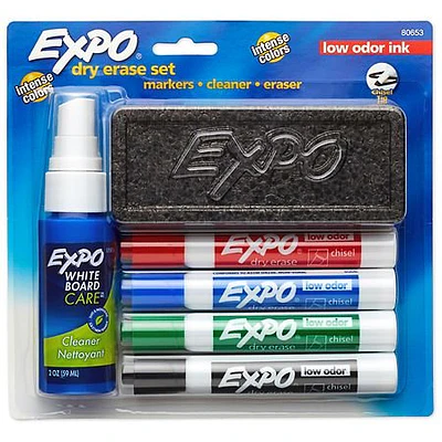 Expo 6pk Dry Erase Chisel Tip Marker Starter Set with Eraser and Cleaner Multicolored: Bold & Fine Point, Low-Odor, Whiteboard Use