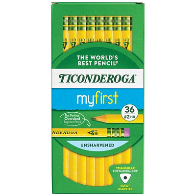 Ticonderoga My First Tri-Write Wood-Cased Pencils  Unsharpened  #2 HB Soft  With Erasers  Yellow  36 Count