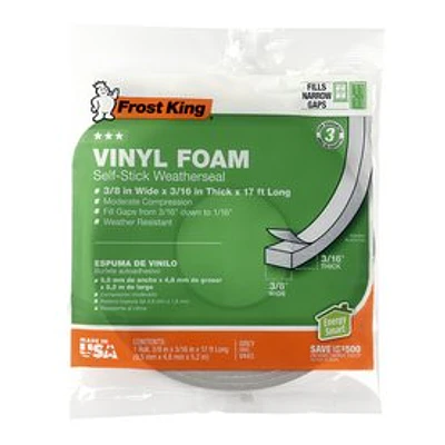 Frost King V443H Foam Tape  3/8 in W  17 ft L  3/16 in Thick  Vinyl  Gray