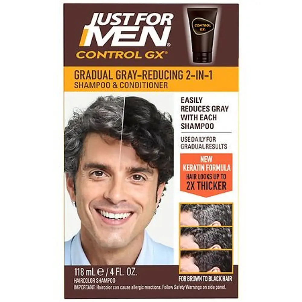 Just for Men Control GX Grey Reducing 2-in-1 Shampoo and Conditioner  Gradual Hair Color with Keratin for Stronger Thicker and Healthier Looking Hair  4 fl oz - Pack of 1 (Packaging May Vary)