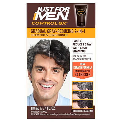 Just for Men Control GX Grey Reducing 2-in-1 Shampoo and Conditioner  Gradual Hair Color with Keratin for Stronger Thicker and Healthier Looking Hair  4 fl oz - Pack of 1 (Packaging May Vary)
