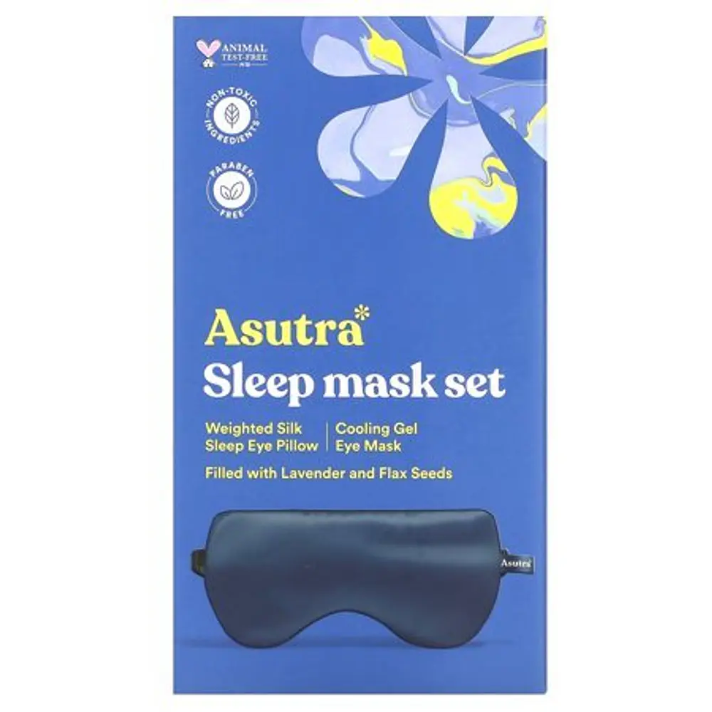 Asutra Natural Sleep Mask Set with Weighted Lavender Silk Eye Pillow & Cooling Gel Mask Navy Eye Masks - 2pc
