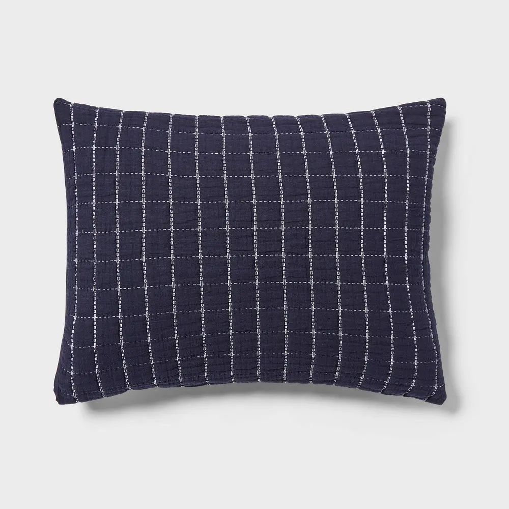 Standard Yarn Dye Crinkle Grid Quilt Sham Navy Blue/Ivory - Threshold™: Cotton Weave, OEKO-TEX Certified, Machine Washable