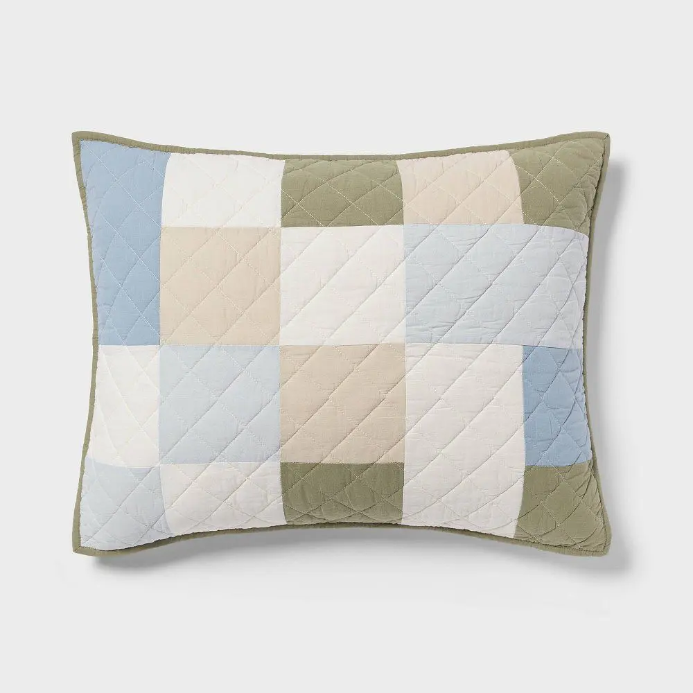 Standard Pieced Patchwork Quilt Sham Blue - Threshold™: Cotton Material, Diamond Quilting, OEKO-TEX Certified