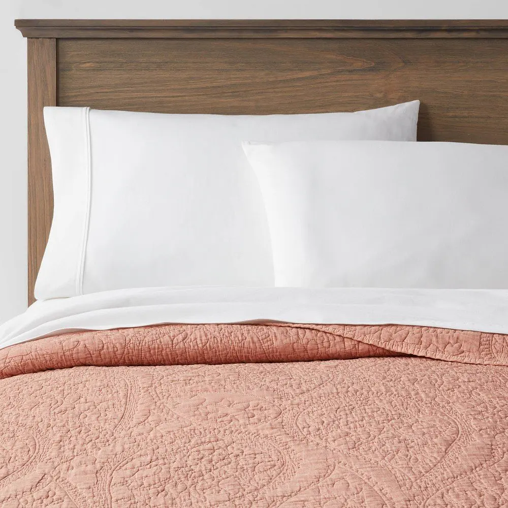 Full/Queen Garment Washed Paisley Stitch Quilt Terracotta/Bronze - Threshold™: OEKO-TEX Certified Microfiber Coverlet