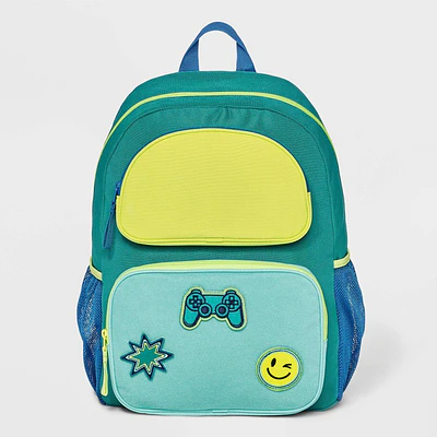 Kids' 16" Colorblock with Removable Patches Two Pocket Backpack - Cat & Jack™ Green/Lime Green/Blue: Elementary School, Softside