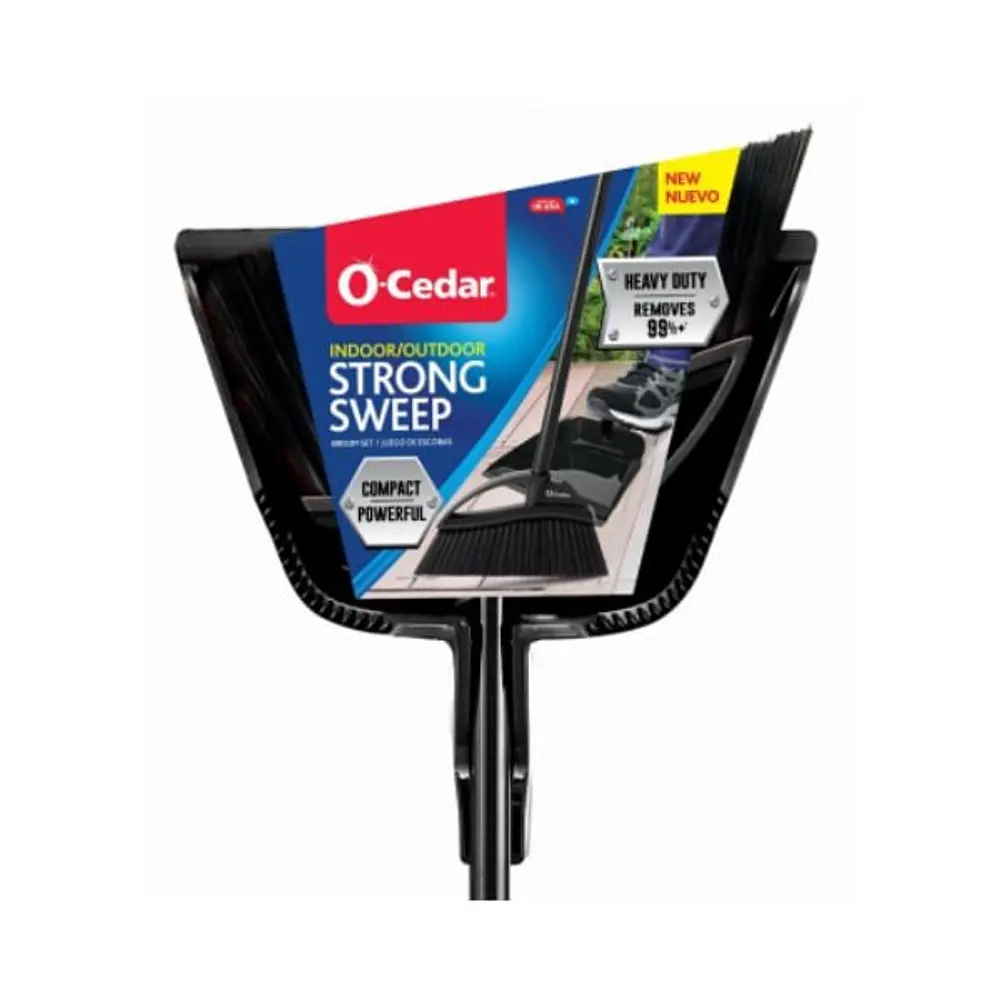 O-Cedar Indoor/Outdoor Assembled Strong Sweep Broom with Step On Dust Pan: Steel Handle, Rubber Material
