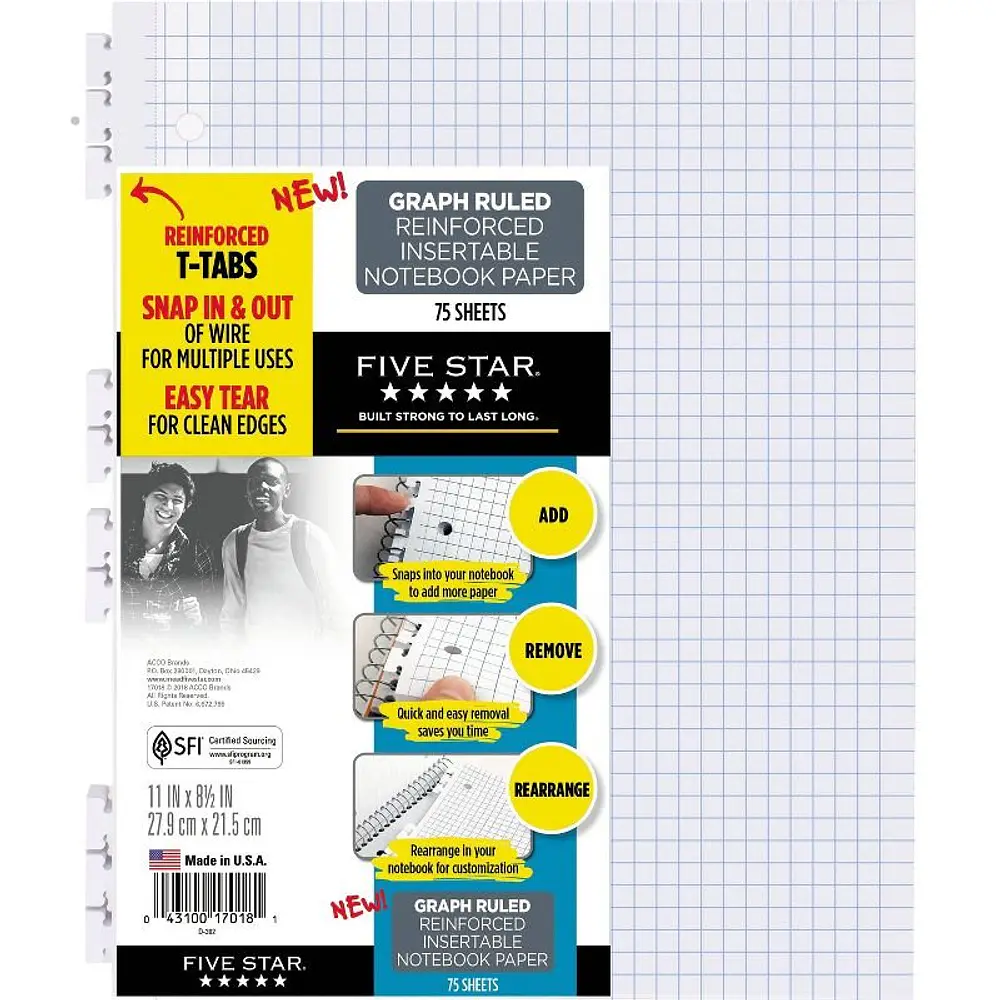 Five Star Reinforced Insertable Notebook Paper Graph Ruled 8 1/2 x 11 75 Sheets/Pack