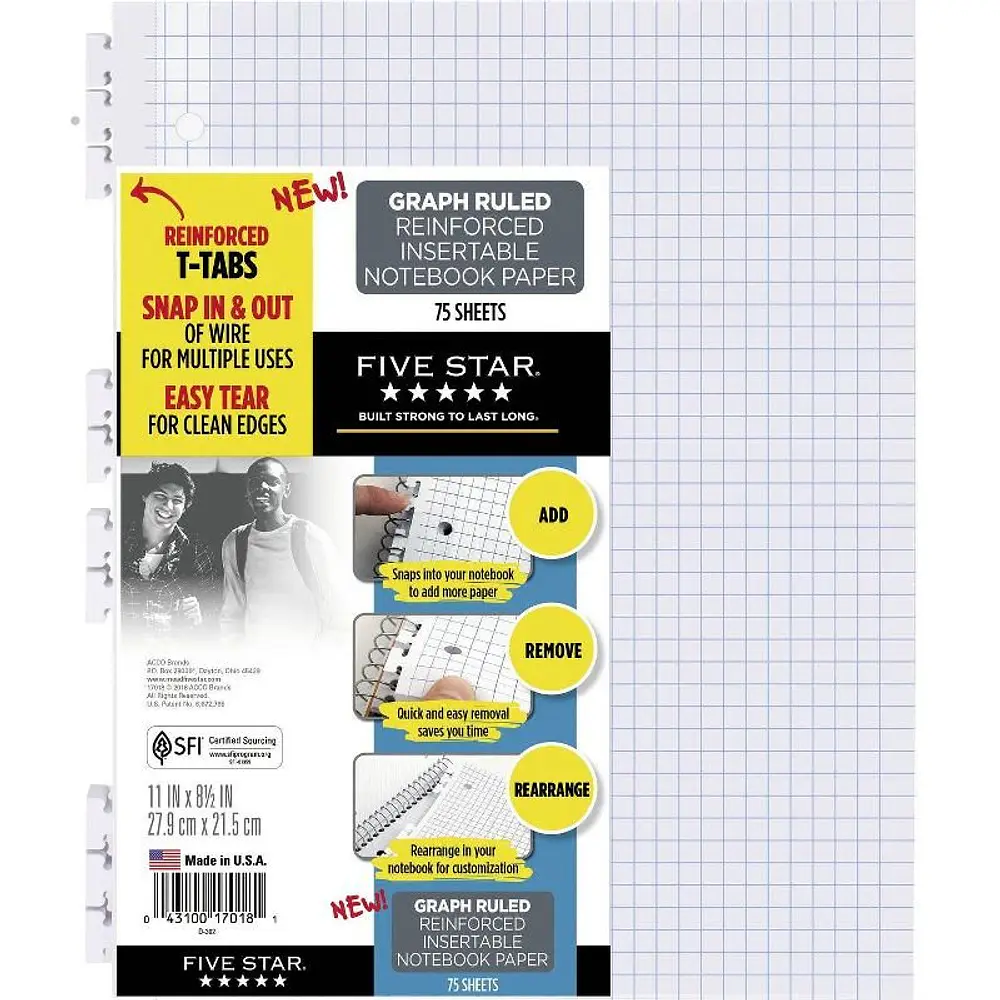 Five Star Reinforced Insertable Notebook Paper Graph Ruled 8 1/2 x 11 75 Sheets/Pack