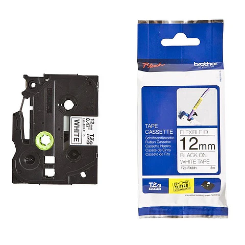 Cinta Brother TZe-FX231 12 mm flexible negro sobre blanco