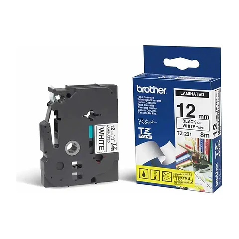 Cinta Brother TZe-231 12 mm negro sobre blanco (8 m)