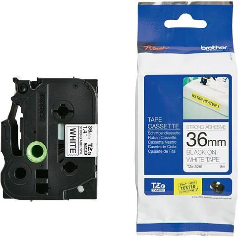 Cinta TZe-S261 36 mm negro sobre blanco extra adhesiva