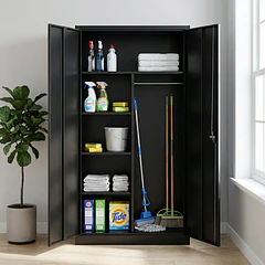 Estante Armario Metálico Cerrado Repisas y Barra de colgar Negro 185x87x40 cm - 2 Puertas