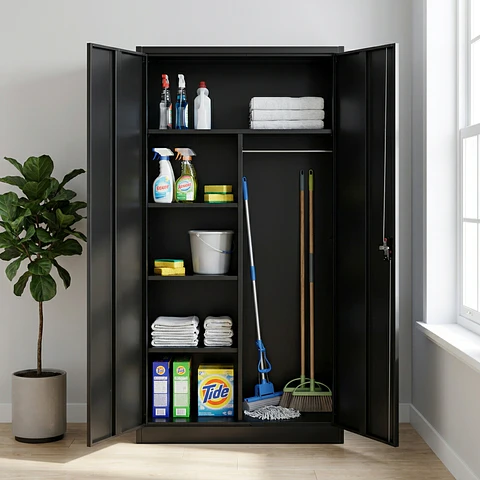 Estante Armario Metálico Cerrado Repisas y Barra de colgar Negro 185x87x40 cm - 2 Puertas