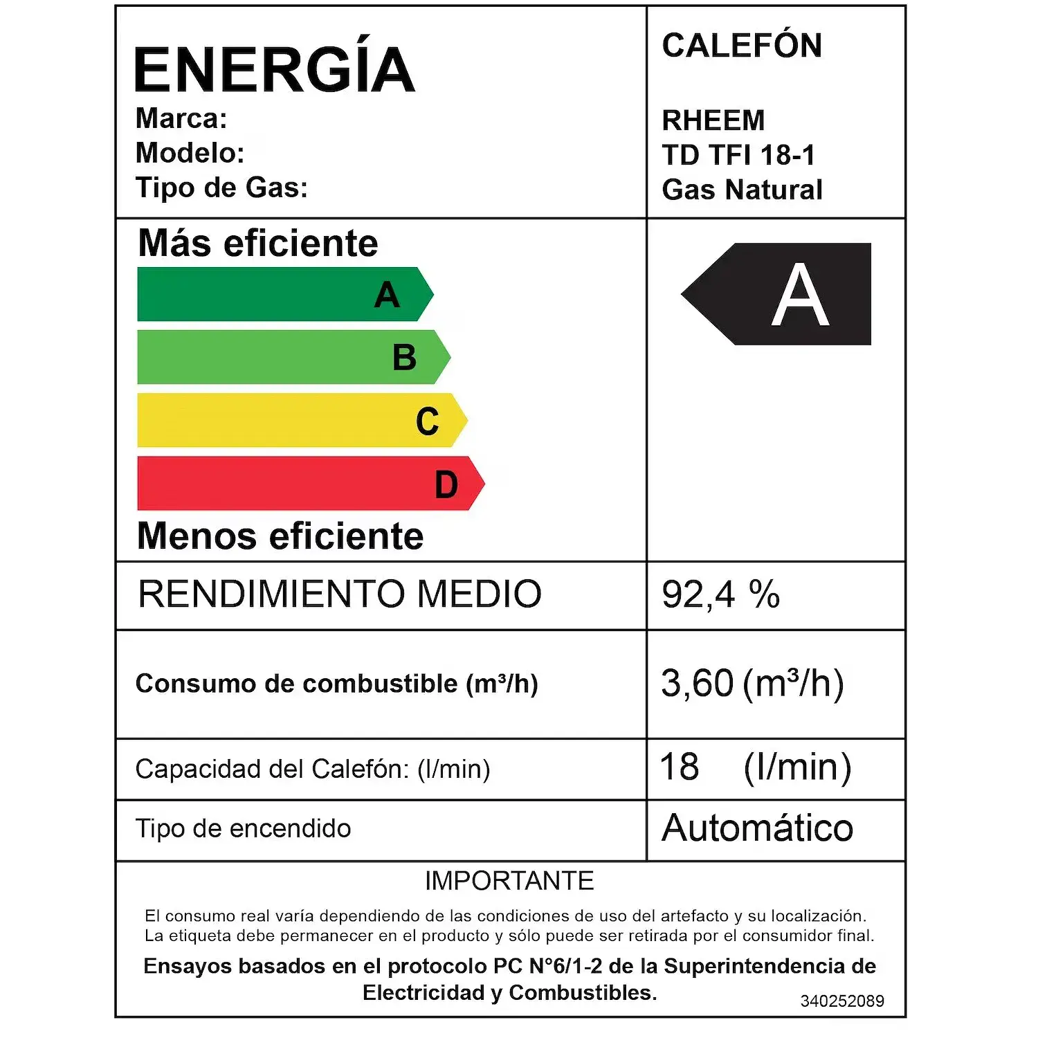 Calefon 18 Litros Gas Natural Tiro Forzado con Control Rheem 6