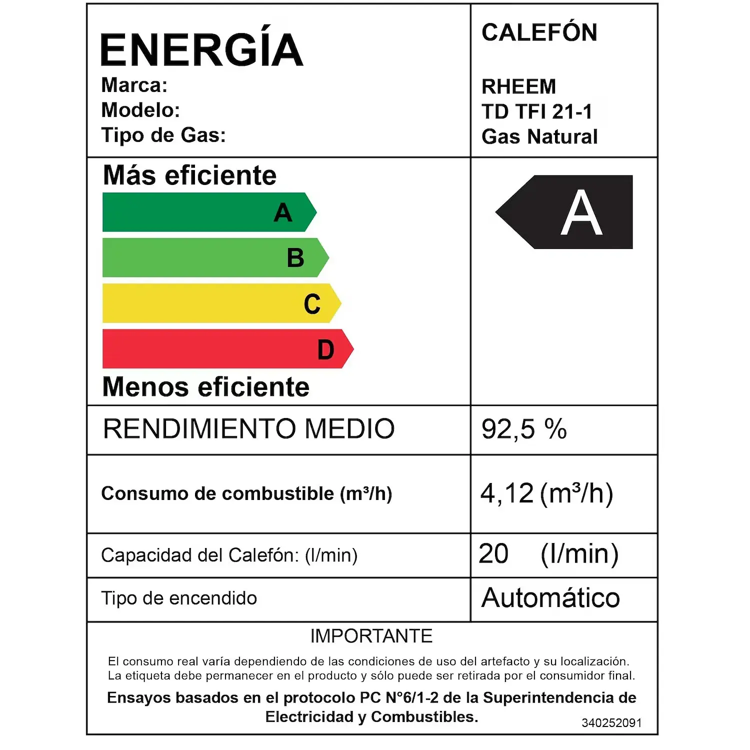 Calefon 21 Litros Gas Natural Tiro Forzado con Control Rheem 5
