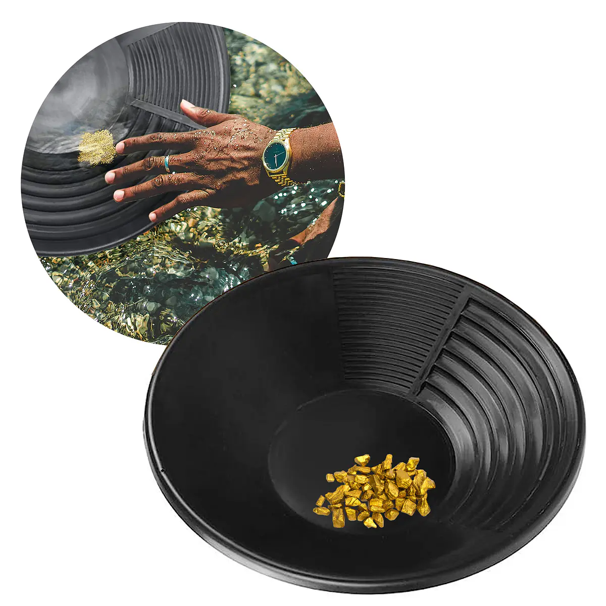 Kit Profesional De Bateas Para Buscar Oro – 4 Tamaños Con Cedazo, Diseño Estriado, PP Resistente, Ideal Para Buscadores Y Aficionados
