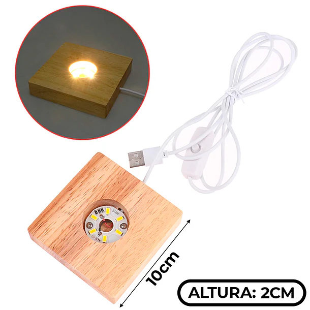6 Bases De Madera Con Luz LED - 3 Redondas (8 Cm) Y 3 Rectangulares (7 Cm), 3 Colores Ajustables, Alimentación USB