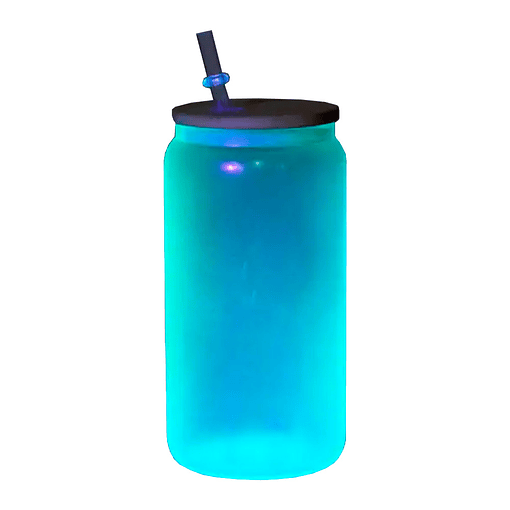 Vaso De Vidrio Botella Tapa Y Bombilla Fluorescente Brillo