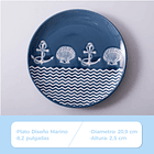 Plato Llano De Fondo Cerámica Azul Diseño Marino 20.9cm 2