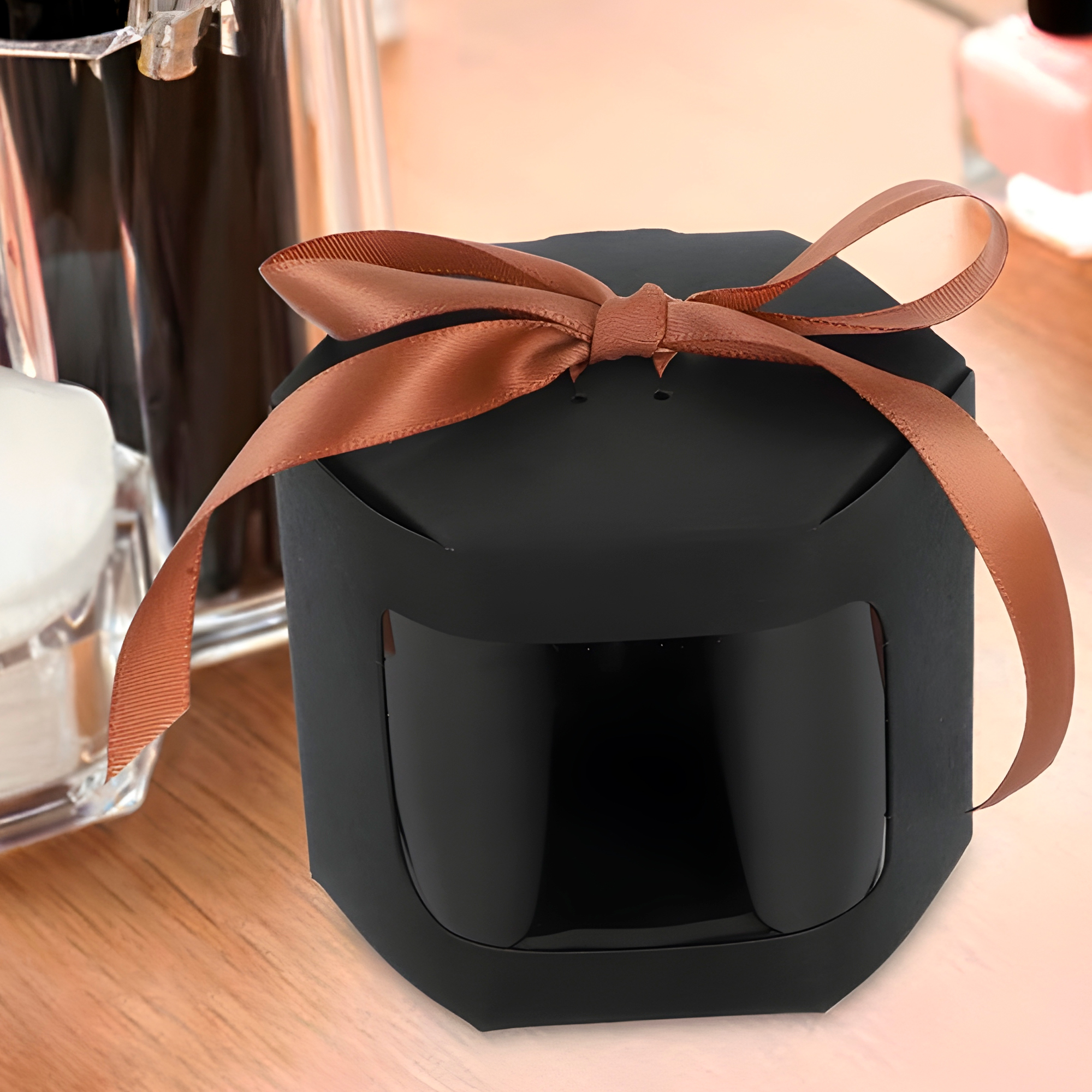 Caja Cajita de regalo Hexagonal Negra Ventana Transparente 10X10X10 CM 2
