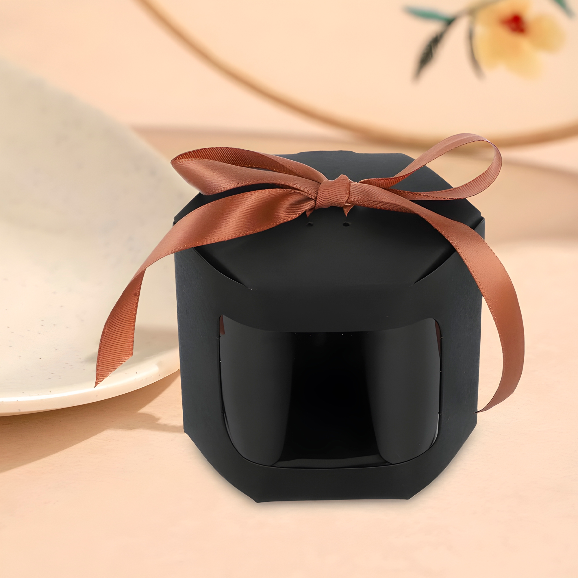 Caja Cajita de regalo Hexagonal Negra Ventana Transparente 10X10X10 CM 3