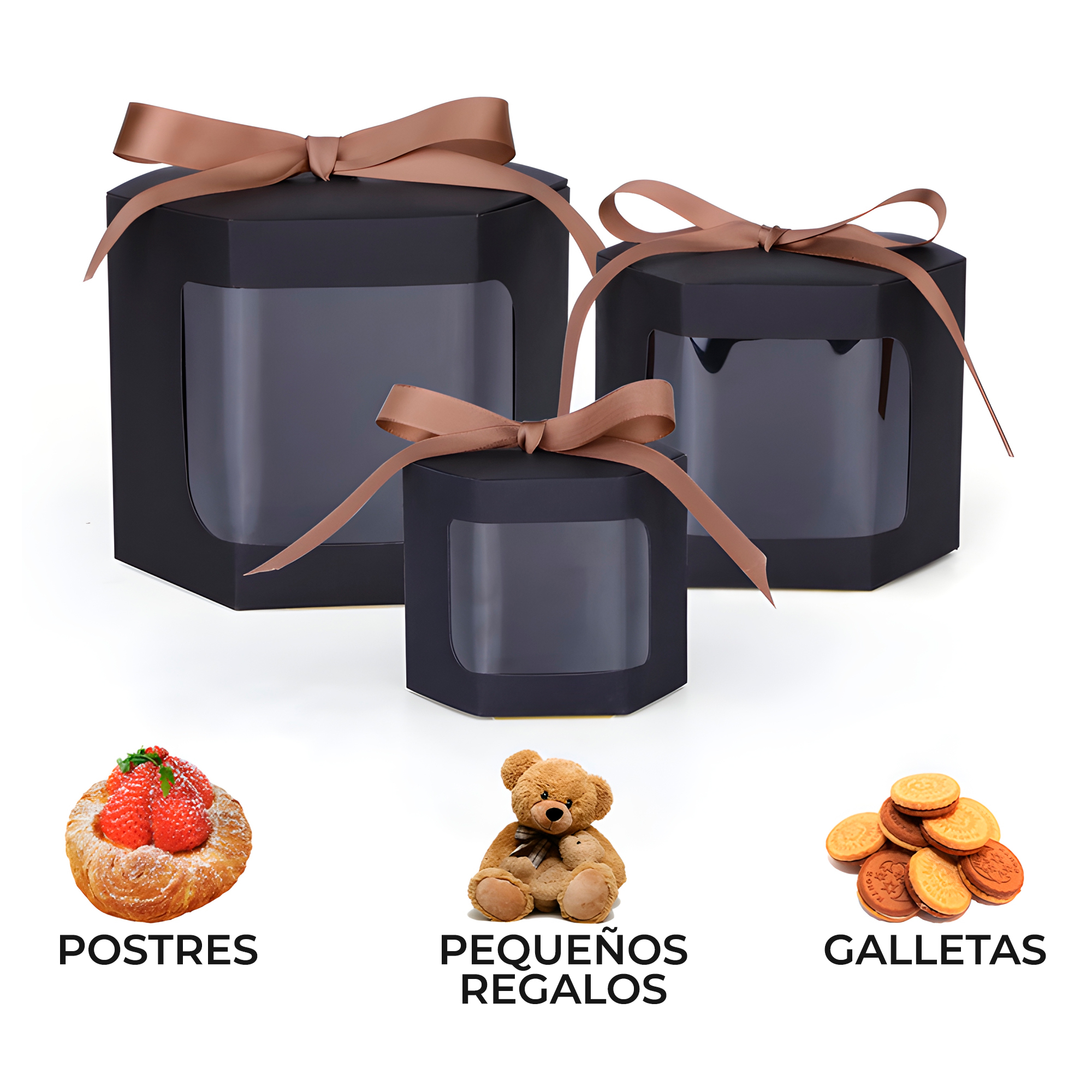 Caja Cajita de regalo Hexagonal Negra Ventana Transparente 10X10X10 CM 8