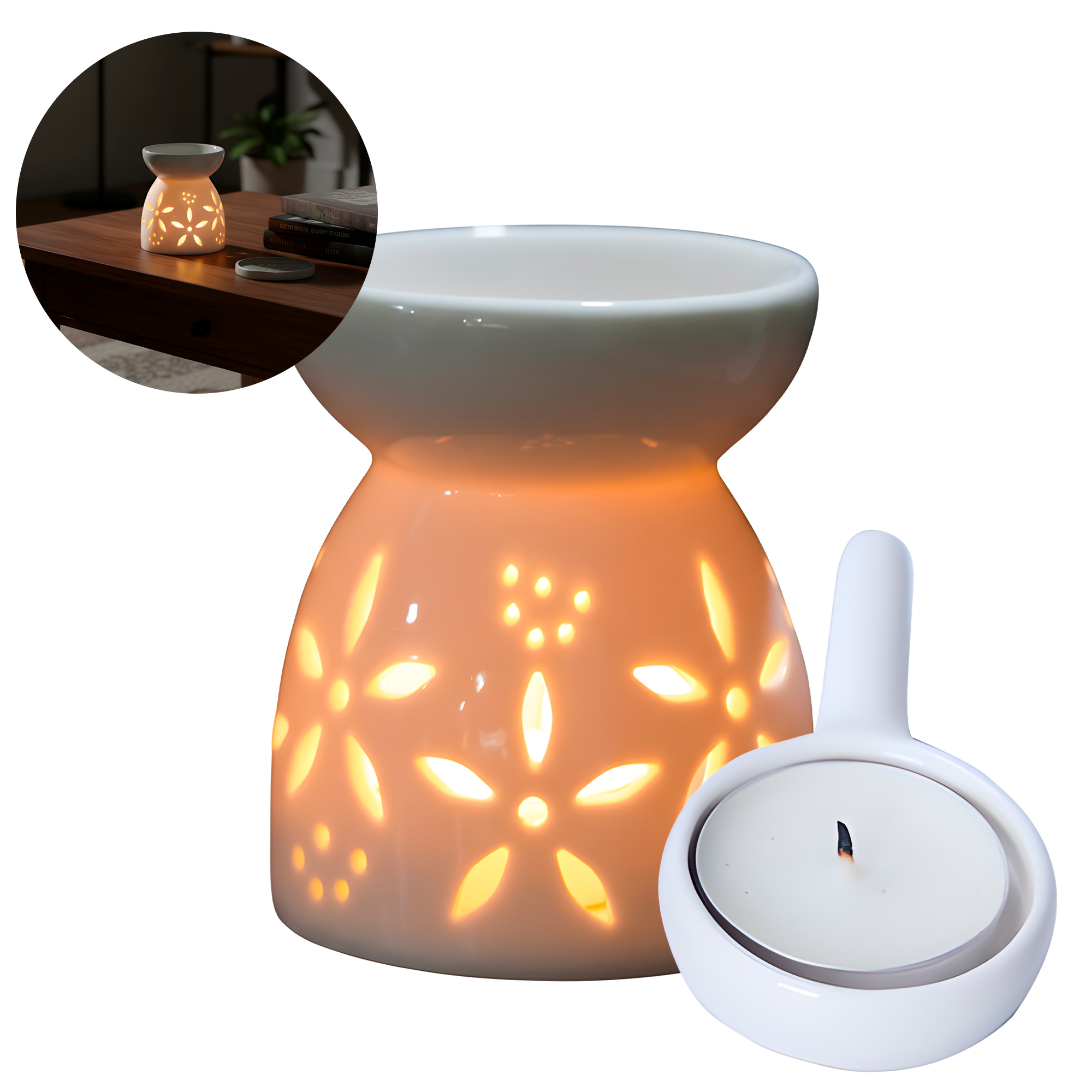 Porta Vela Difusor Quemador de Aceite Cerámica Blanca Hogar Aromaterapia 1