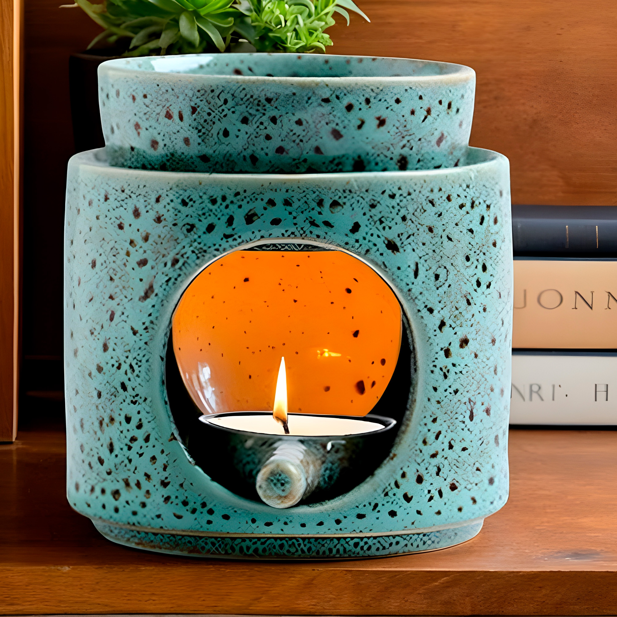 Porta Vela Quemador de Aceite Cerámica Verde Hogar Aromaterapia 3
