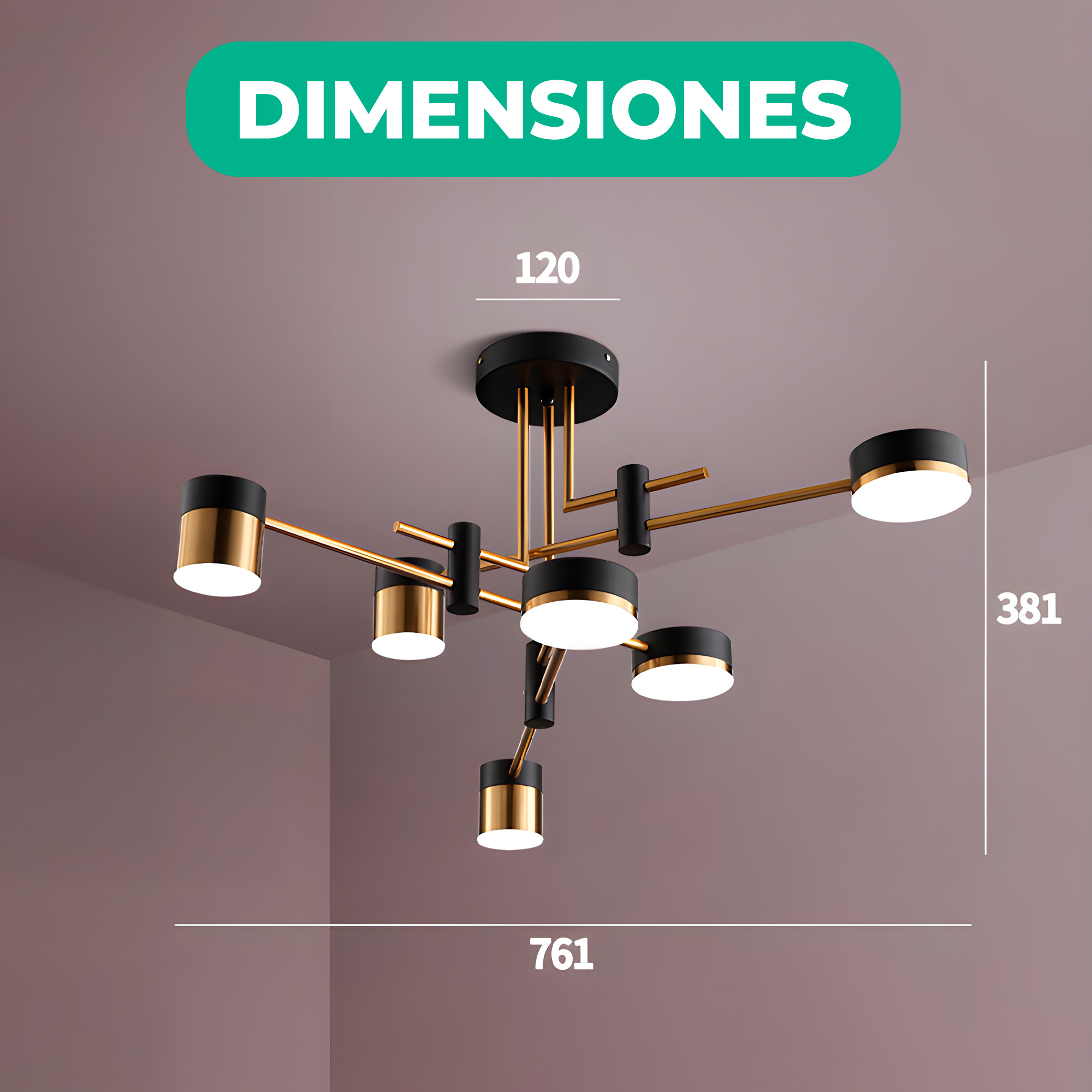 Lámpara Colgante Negra Dorado Araña Techo 6 Cabezas Led Ajustable 76.1 X 38.1 CM 10