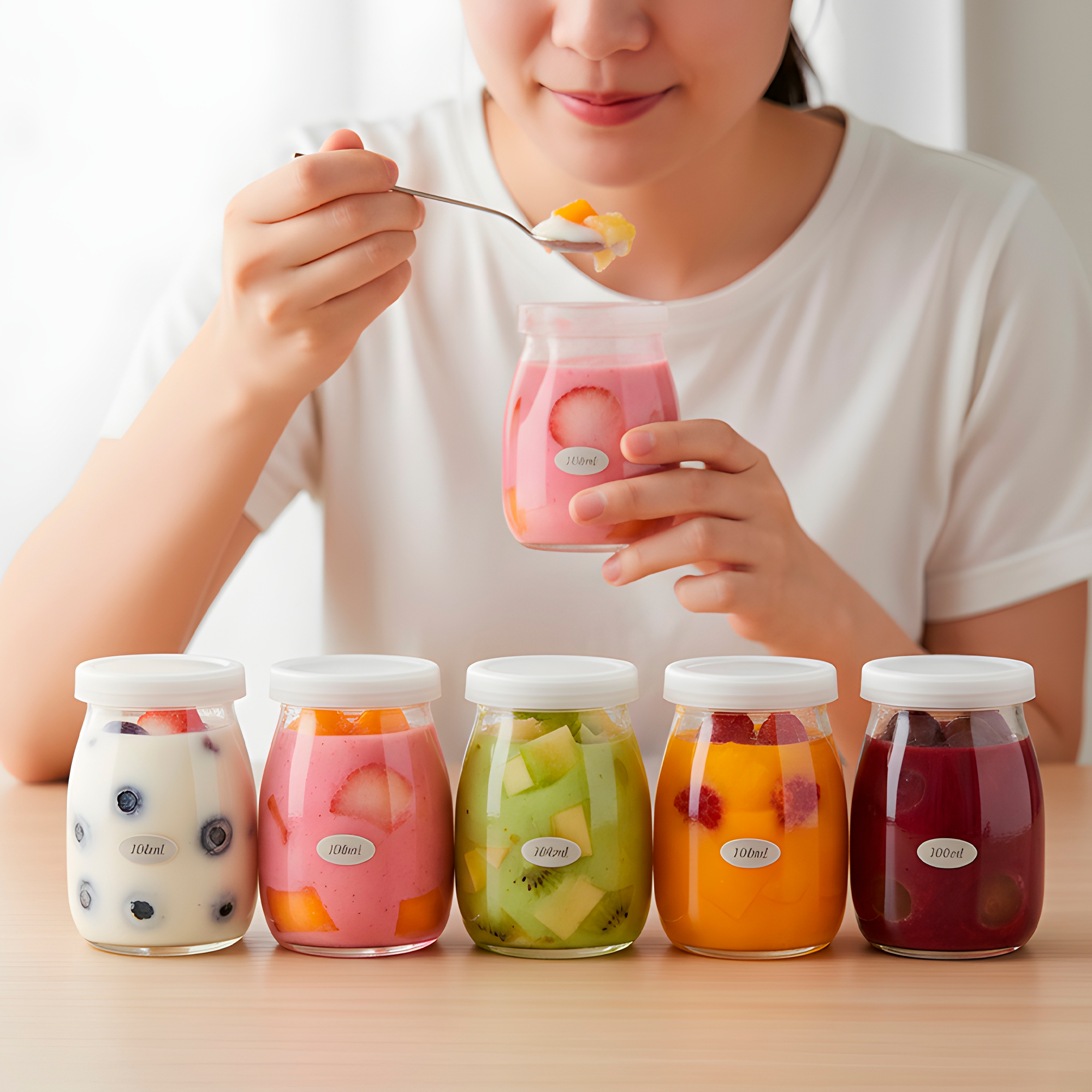 Frasco Vidrio Redondo Yogur 100ML Postres Gelatina Tapa plástica 4