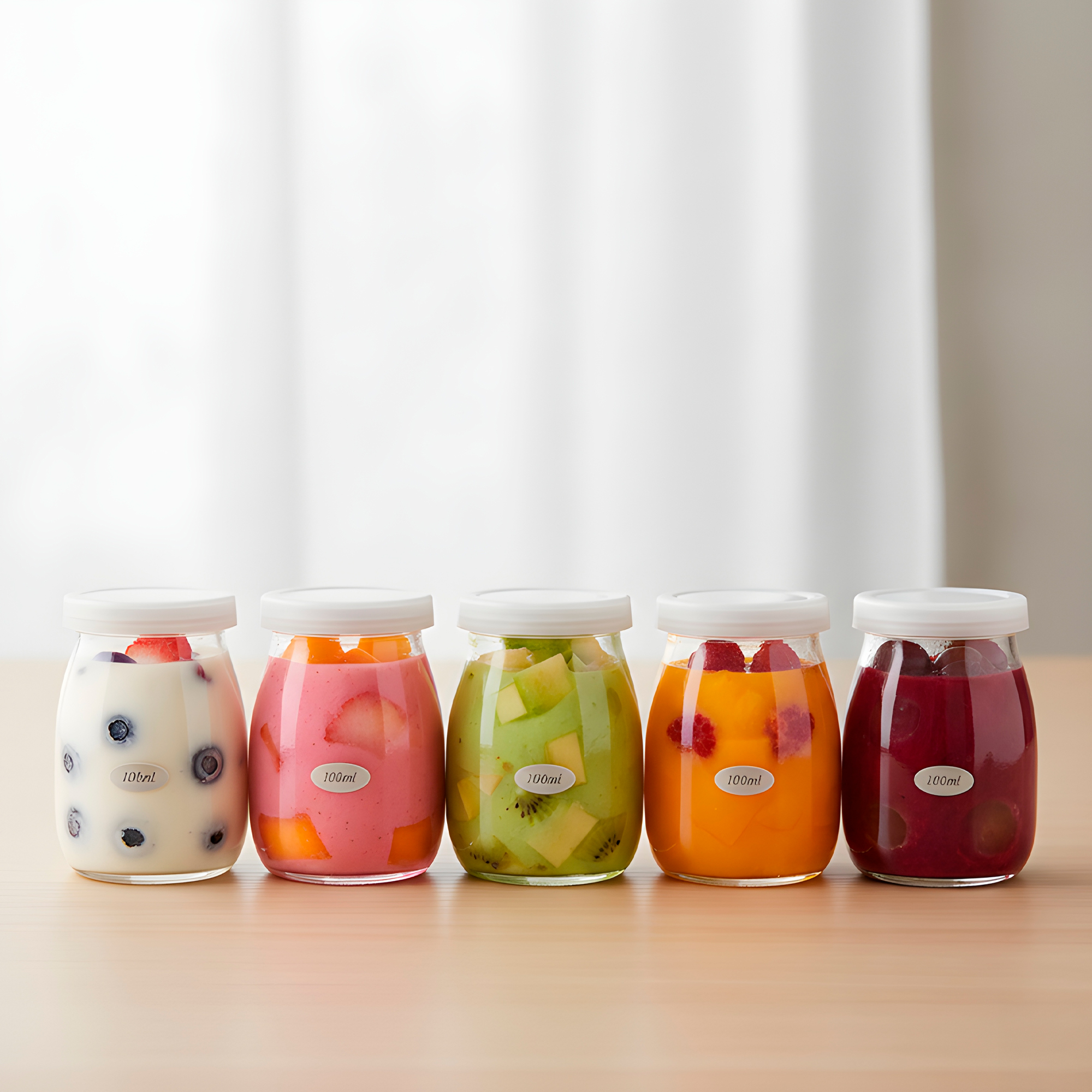 Frasco Vidrio Redondo Yogur 100ML Postres Gelatina Tapa plástica 5